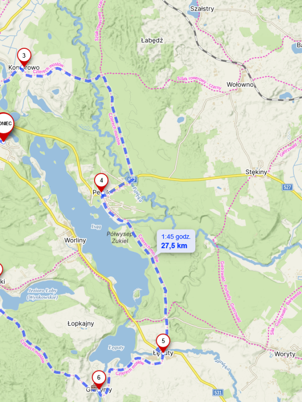 SZLAK ŻÓŁTY prowadzi przez piękny stary las i rezerwat bobrów w dolinie rzeki Pasłęki. Ponadto, zobaczymy również gminne kąpielisko, piękną, malowniczo położoną wieś Pelnik oraz Aleję Lipową, która stanowi pomnik przyrody.